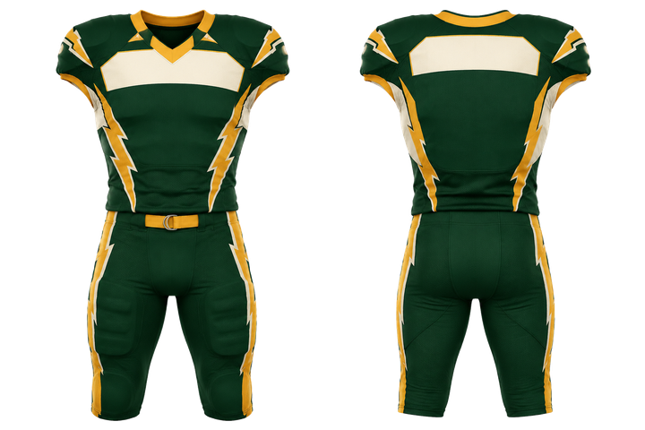 Bottle Green Negative Space Lightning Channel American Football Padded Game Uniform American Football teamwear design