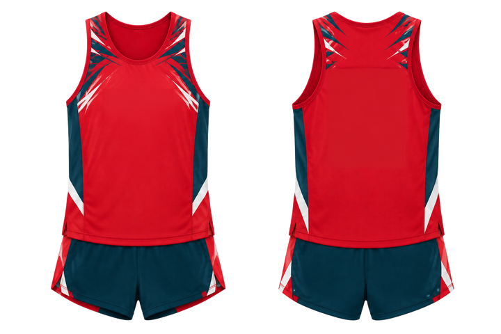 Club Red Angular Shoulder Burst Athletics Race Kit Athletics teamwear design