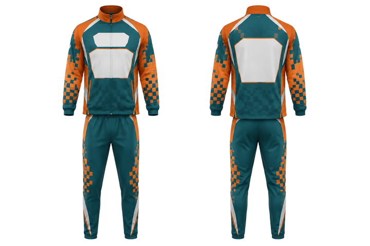 Petrol Teal Stepped Chequer Field With Original Spacing Athletics Track Warm Up Set Athletics teamwear design