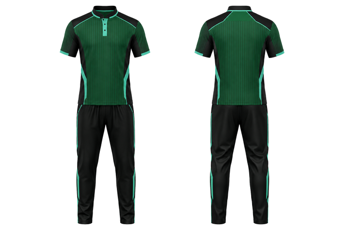 Emerald Retro Micro Stripe With Modern Panel Breaks Cricket Cricket Training Kit Cricket teamwear design
