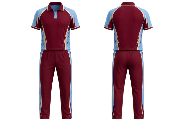Deep Maroon Bold Sleeve To Side Bridge Cricket T20 Or ODI Kit Cricket teamwear design