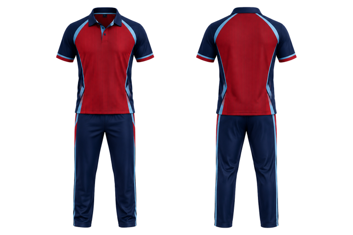 Deep Red Retro Micro Stripe With Modern Panel Breaks Cricket T20 Or ODI Kit Cricket teamwear design