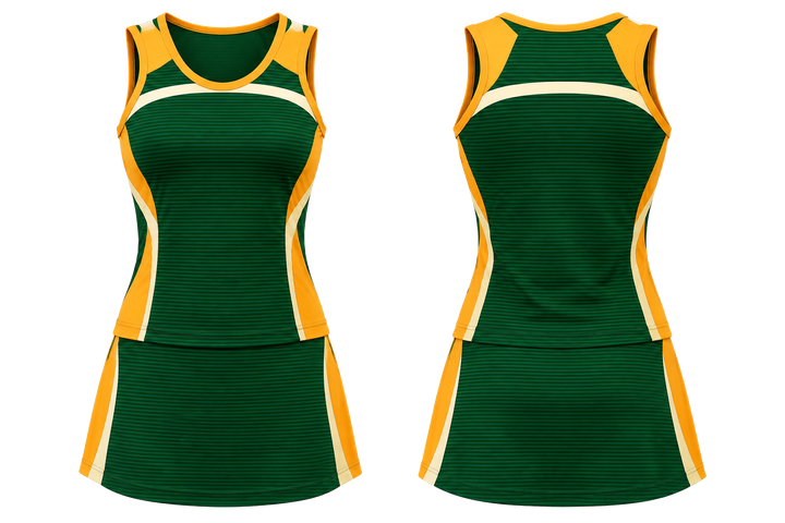 Bottle Green Retro Micro Stripe With Modern Panel Breaks Netball Alternate Competition Set Netball teamwear design