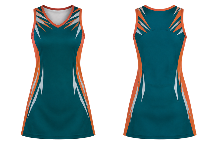 Petrol Teal Angular Shoulder Burst Netball Match Dress Netball teamwear design