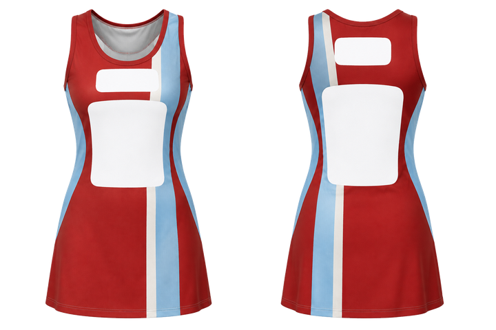 Brick Red Offset Vertical Race Stripe Netball Match Dress Netball teamwear design