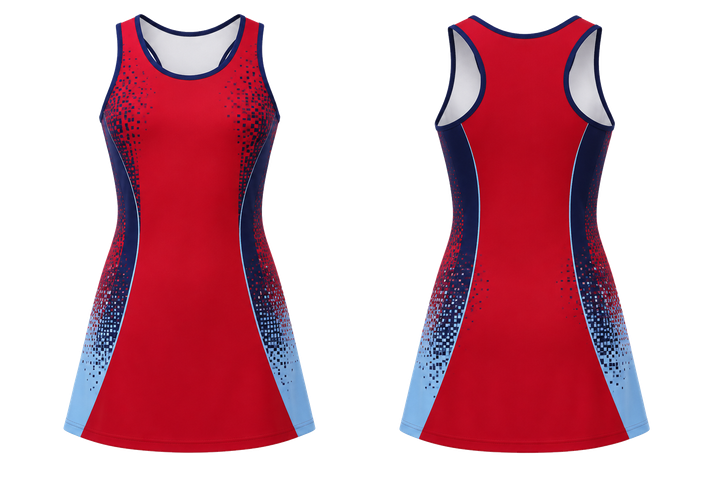 Deep Red Pixel To Panel Fade Built From Flat Bands Netball Match Dress Netball teamwear design