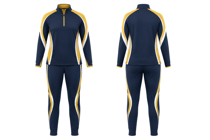 Marine Blue Bold Sleeve To Side Bridge Netball Warm Up Set Netball teamwear design