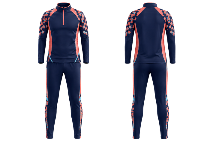 Indigo Stepped Chequer Field With Original Spacing Netball Warm Up Set Netball teamwear design