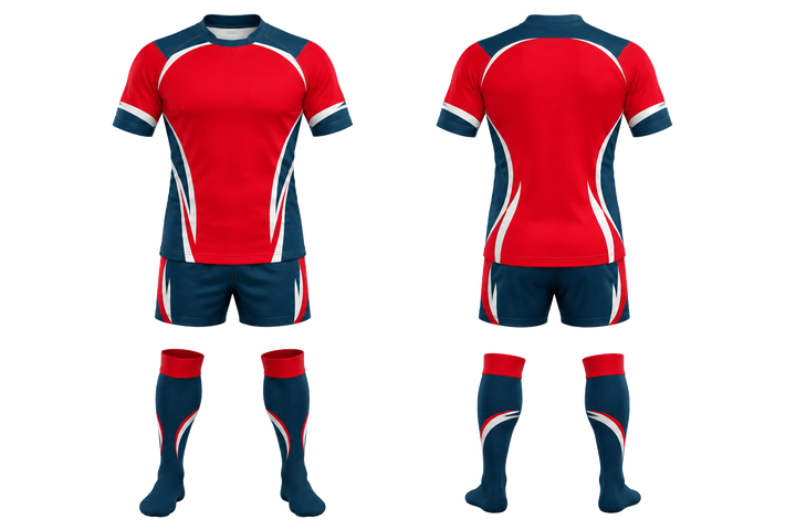 Club Red Curved Body Mapped Side Flow Rugby Contact Match Kit Rugby teamwear design