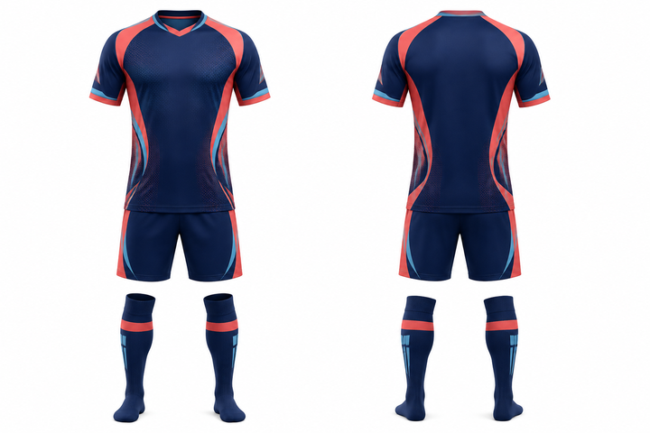 Indigo Curved Body Mapped Side Flow Soccer Match Kit Soccer teamwear design