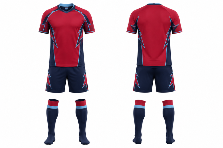 Deep Red Negative Space Lightning Channel Soccer Match Kit Soccer teamwear design