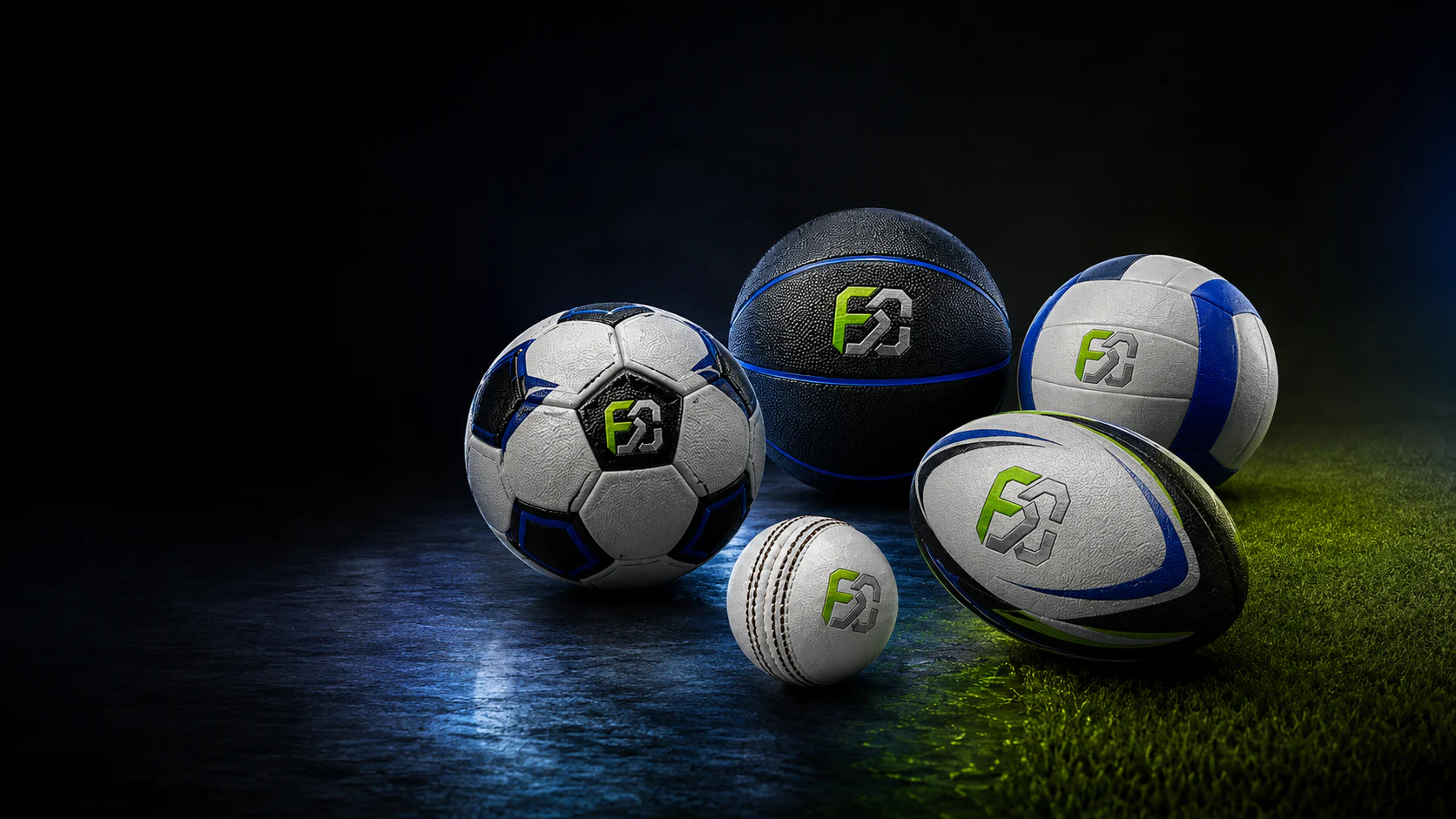 Soccer ball, basketball, volleyball, rugby ball and cricket ball with Fusion Crest marks
